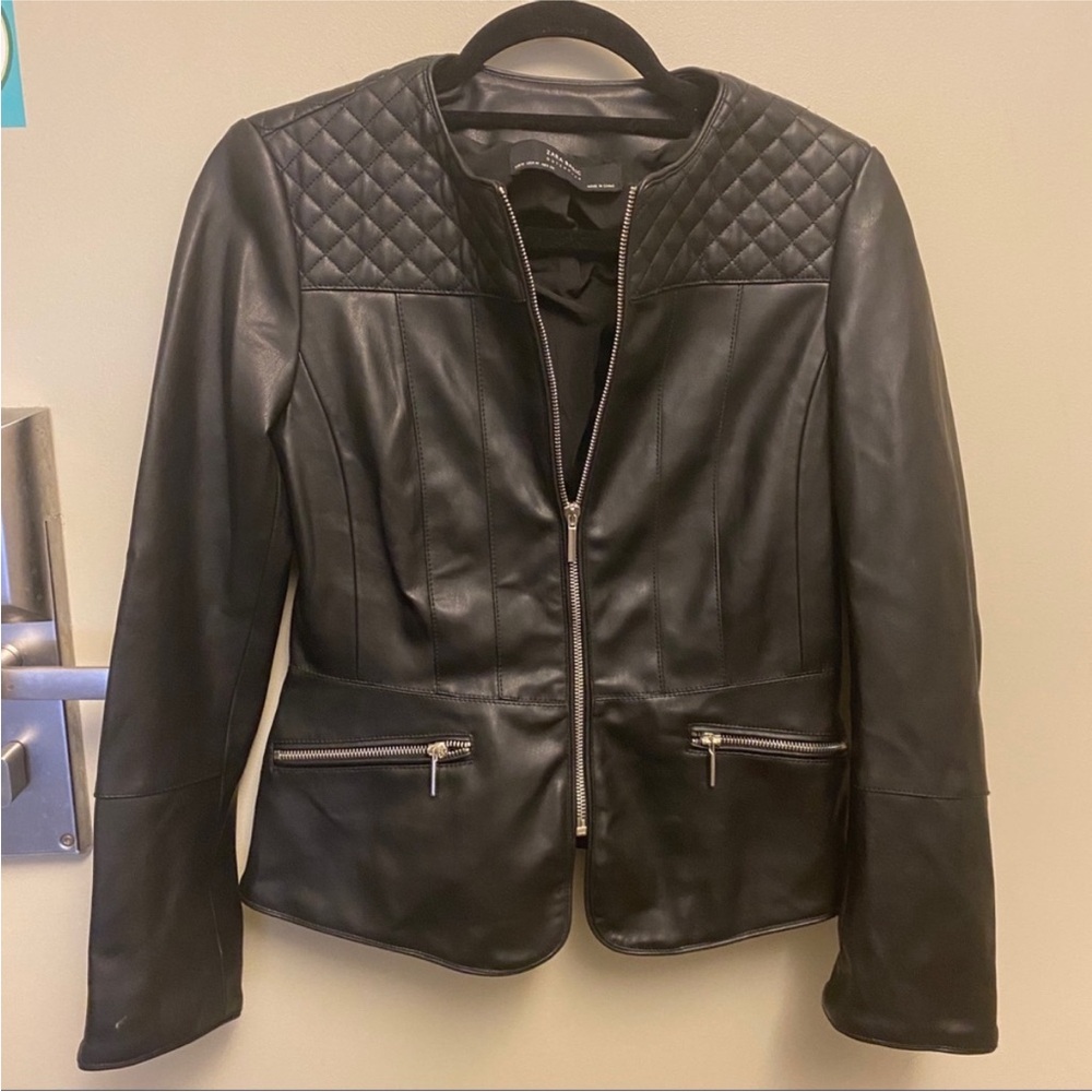 Zara Black Leather Jacket with Quilted Shoulders